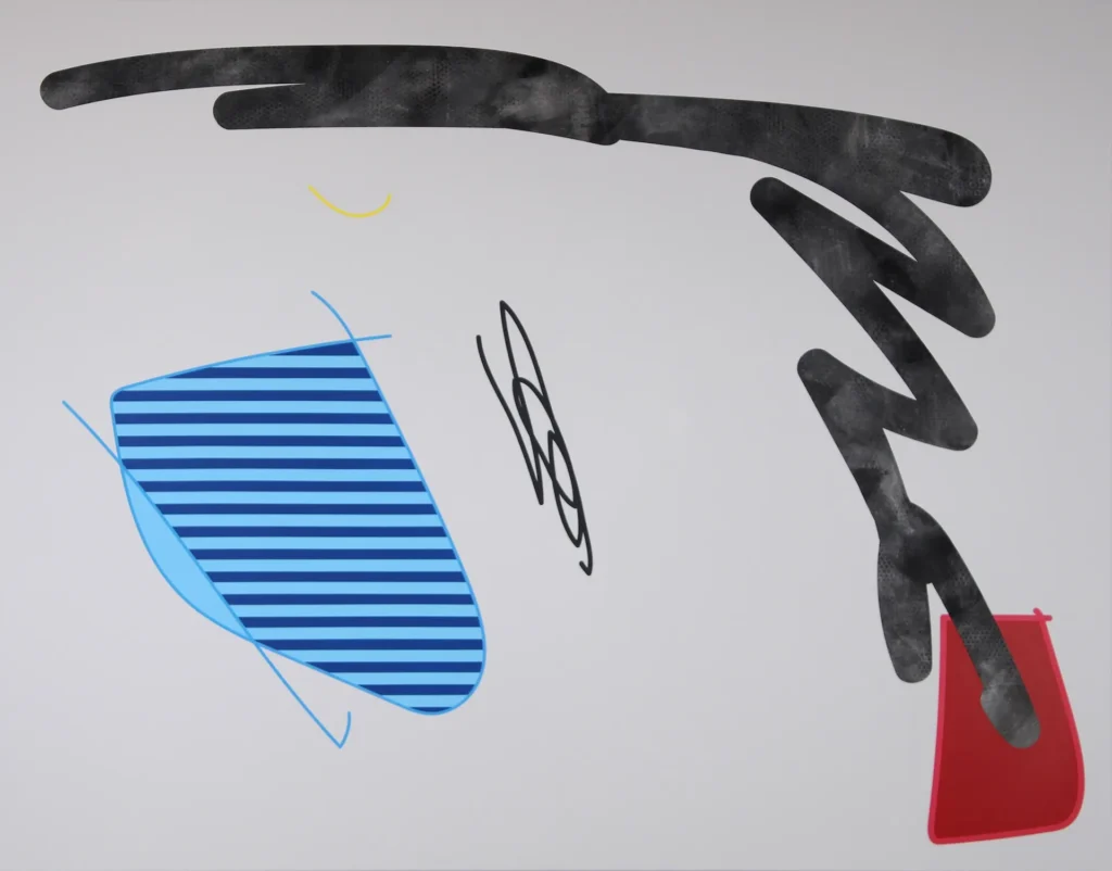 shape with light and dark blue stripes, a yellow line and a dark grey squiggle under a thick black line ending or beginning in a red form on grey